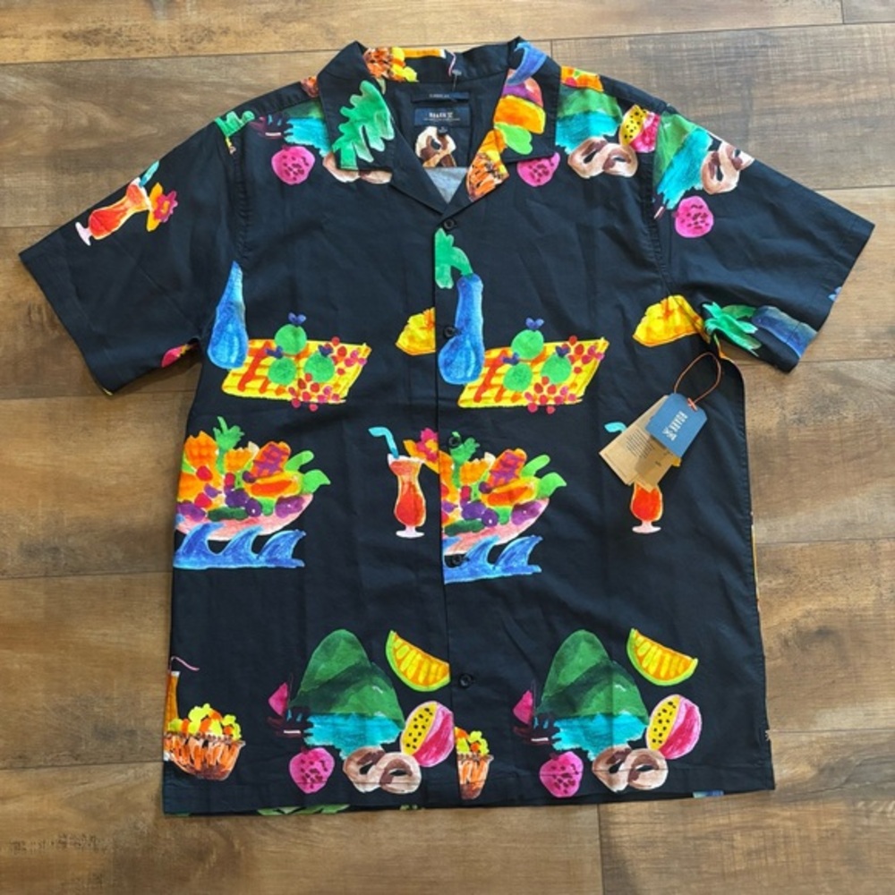 Roark Gonzo Tahiti Treat Camp Collar Black Fruit Drink Print Button Down Shirt L